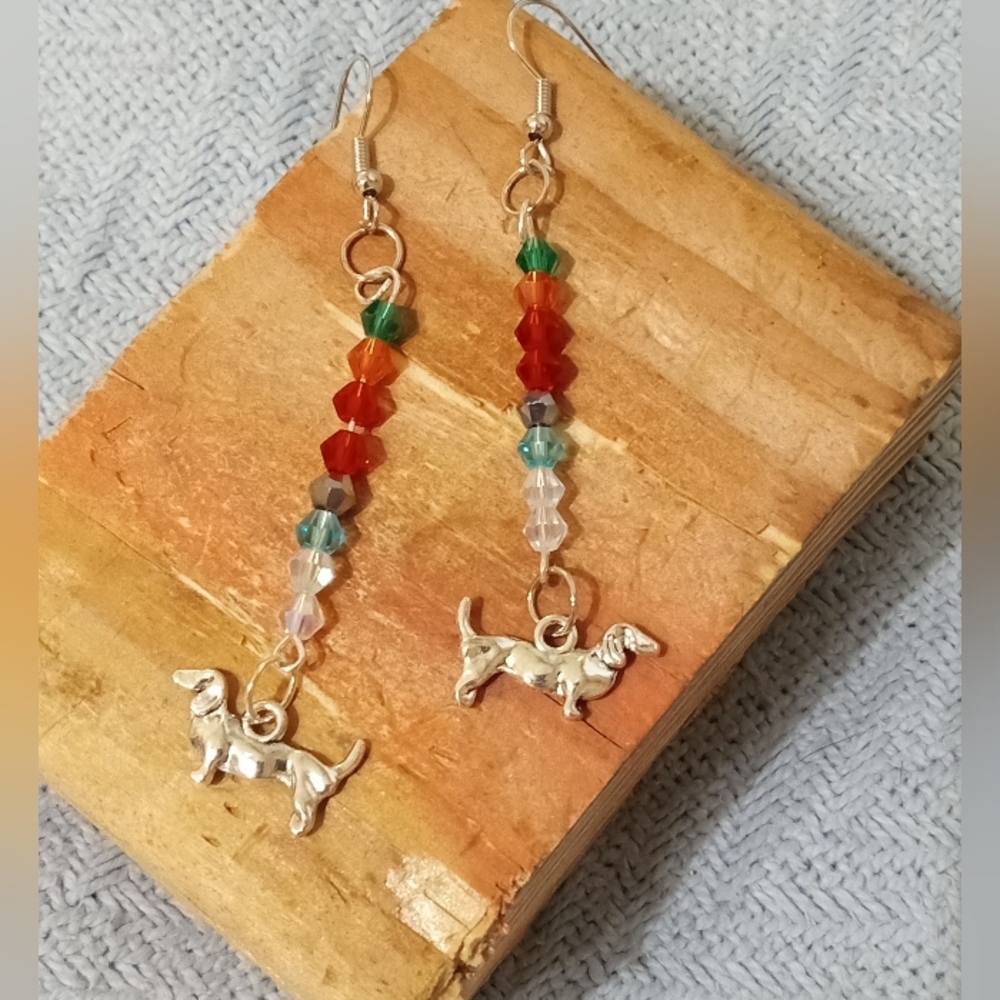 Handmade dachshund charm earrings in silver